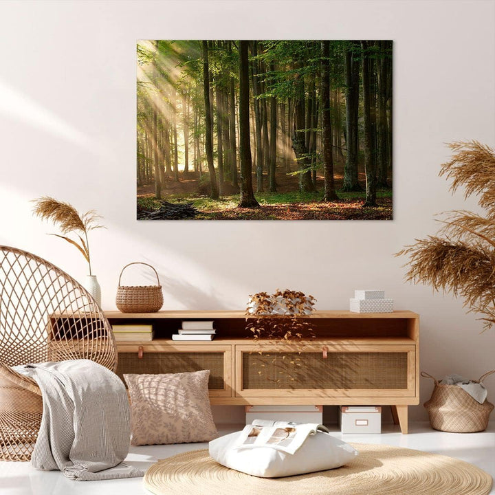 Bilder auf Leinwand 100x70cm Leinwandbild mit Rahmen Wald Baum Natur Gross Wanddeko Bild Schlafzimme