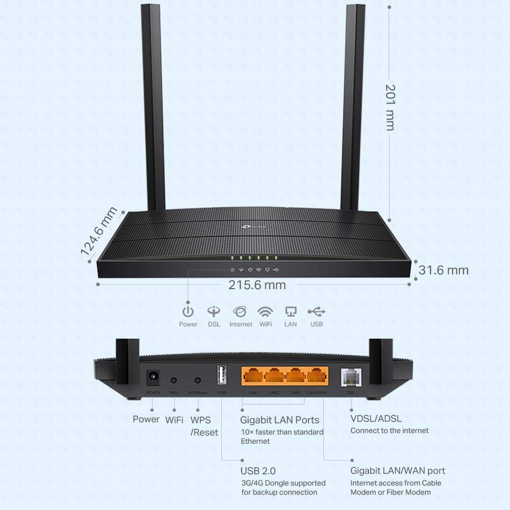 [Neu] TP-Link Archer VR400 Modem Router bis zu 100Mbps, Profil 30a, VDSL/FTTC/FTTS/ADSL, WLAN AC1200