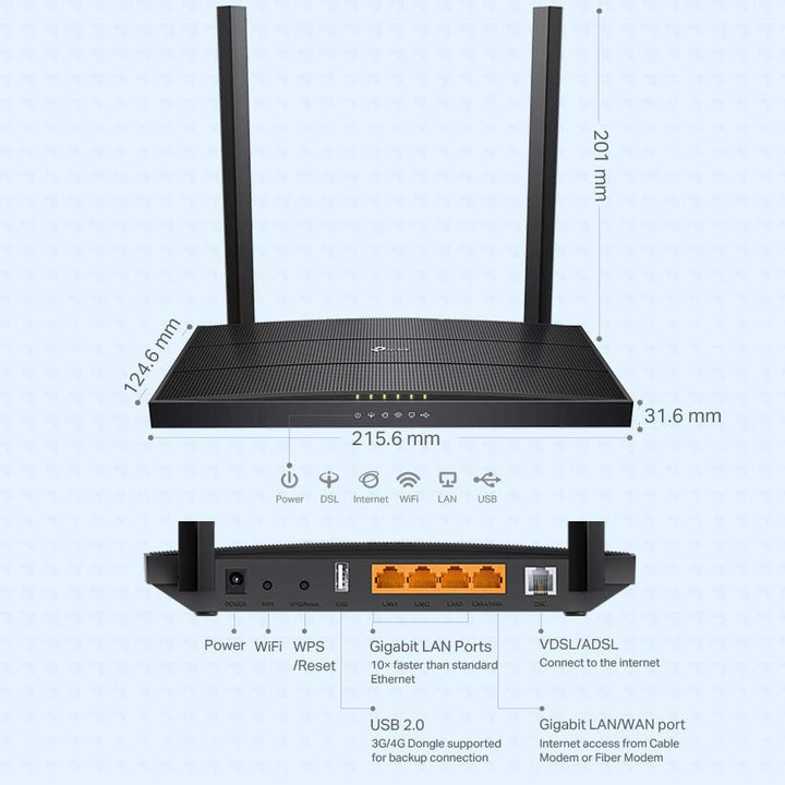[Neu] TP-Link Archer VR400 Modem Router bis zu 100Mbps, Profil 30a, VDSL/FTTC/FTTS/ADSL, WLAN AC1200