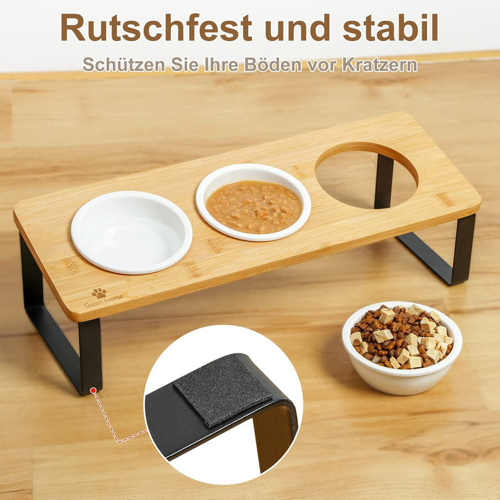 GUUSII HOME Katzennapf Erhöht Futternapf Katze Futterstation, Keramik Napf, Fressnapf 3er Set Holz,