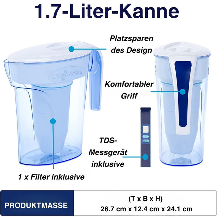 ZeroWater 5-Stufige Filterkanne für Trinkwasser mit 1,7 L - NSF-Zertifizierte Wasserfilter Kanne, um
