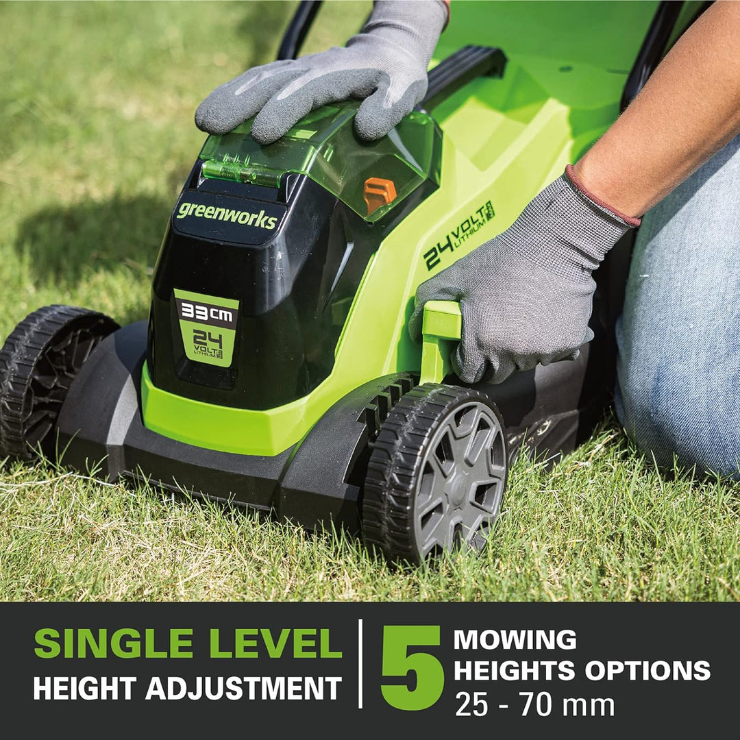 Greenworks Akku-Rasenmäher 24V 33cm bürstenloser, 25-70mm Schnitthöhe, 2 Funktionen, mit 30L Tasche
