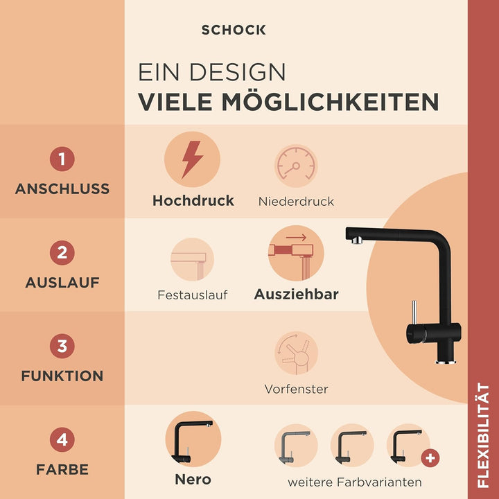 SCHOCK Küchenarmatur Epos Nero – Hochdruck Armatur mit ausziehbarer Schlauchbrause Schlauchbrause Ne
