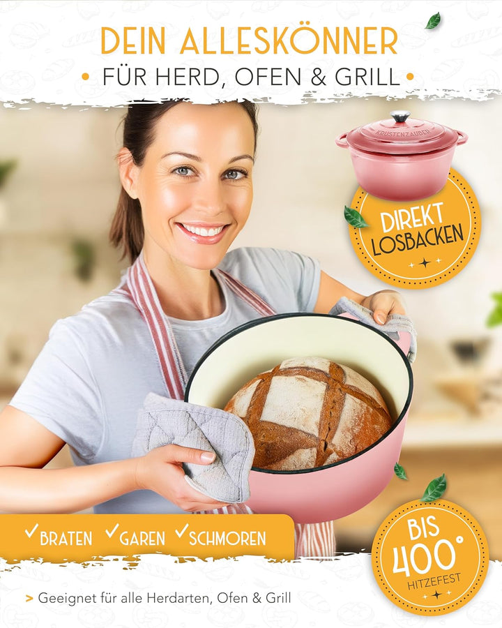 Gusseisen Topf Brot Backen emailliert im XXL Set - Brotbackform mit Deckel inkl Gärkorb, Schneebesen