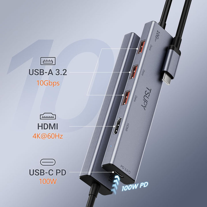 TSUPY 10Gbps USB C Hub PD 100W, 4K@ 60Hz HDMI, 3*USB-A 10Gbps, Aluminium USB Hub c Adapter Kompatibe