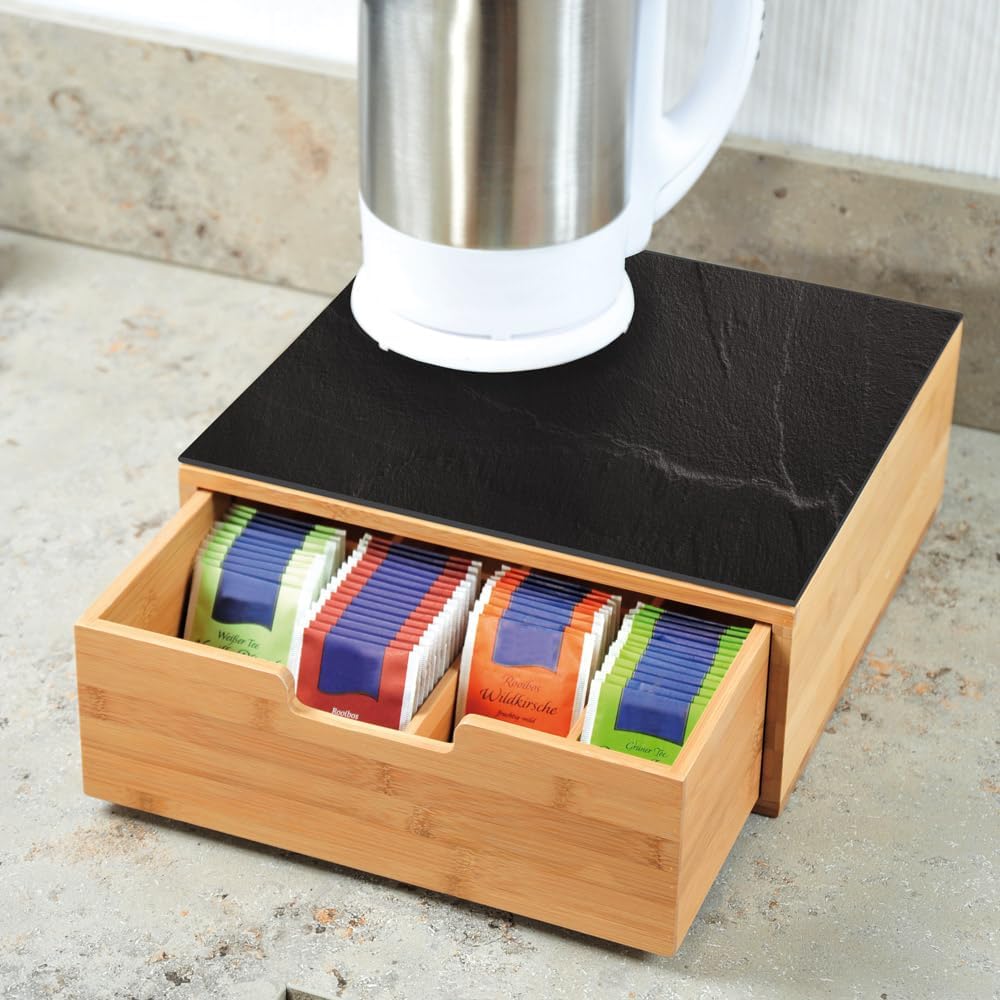 Kesper | Box mit Schublade, Material: Bambus, Glas, Masse: 30 x 31 x 9,5 cm, Farbe: Braun, Schwarz |
