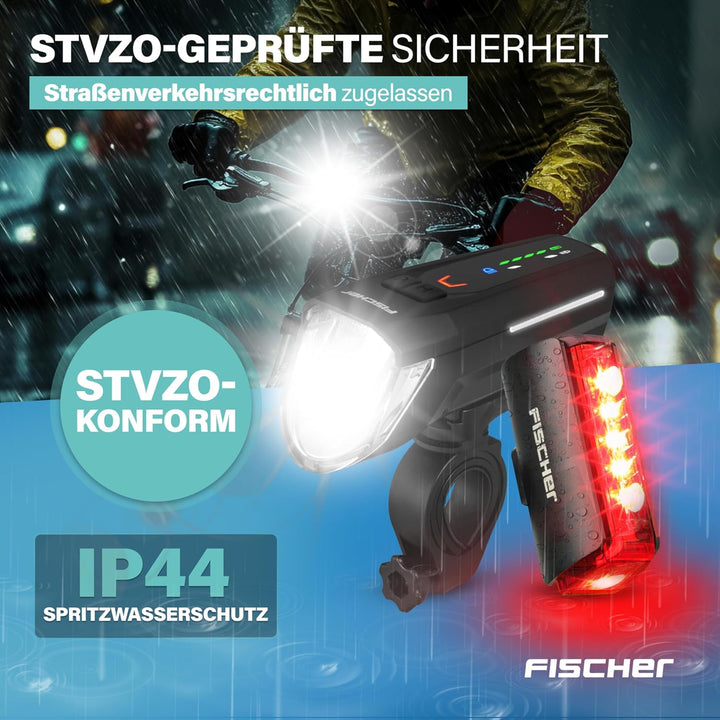 FISCHER Fahrrad LED-Akku Beleuchtungs-Set Twin Stop 100 Lux, mit Sensormodus, Lange Leuchtdauer, sta