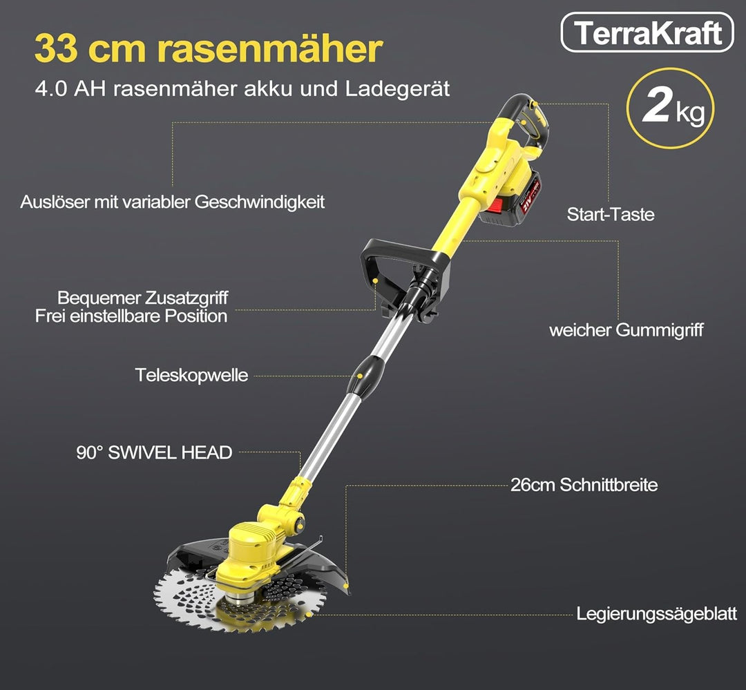 TerraKraft 21V Rasentrimmer mit Akku, 750w Akkus Rasentrimmer, Freischneider Akkus, Die Teleskophöhe