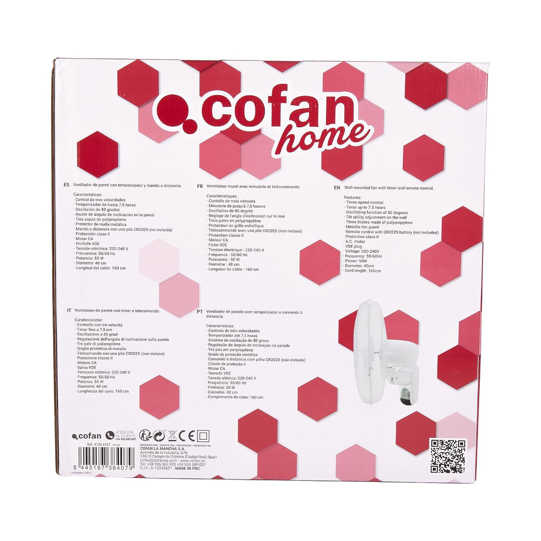 Cofan Wandventilator mit Timer und Fernbedienung | Leistung 50 W | mit drei Geschwindigkeitsstufen |