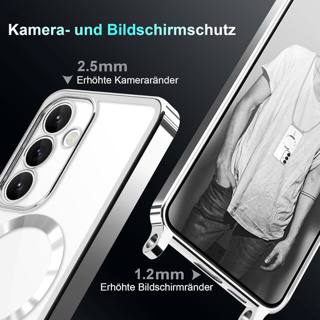 Handyband für Samsung Galaxy S25 Hülle mit Band + 1 Stück Glas Schutzfolie Transparent Silikon Handy