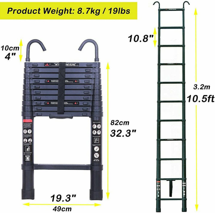 10,5FT Telescopic Ladder Aluminum Extension Ladder with Detachable Hooks Safe & Compact, Collapsible