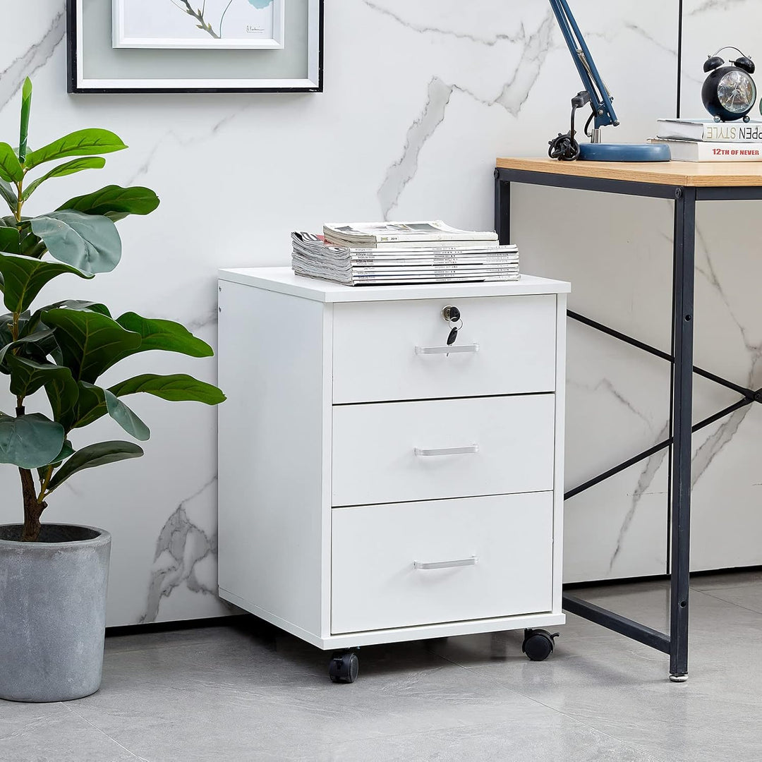 CLIPOP Rollcontainer Abschliessbare mit 3 Schubladen,Weiss Holz | Mobiler Aktenschrank Büroschrank m