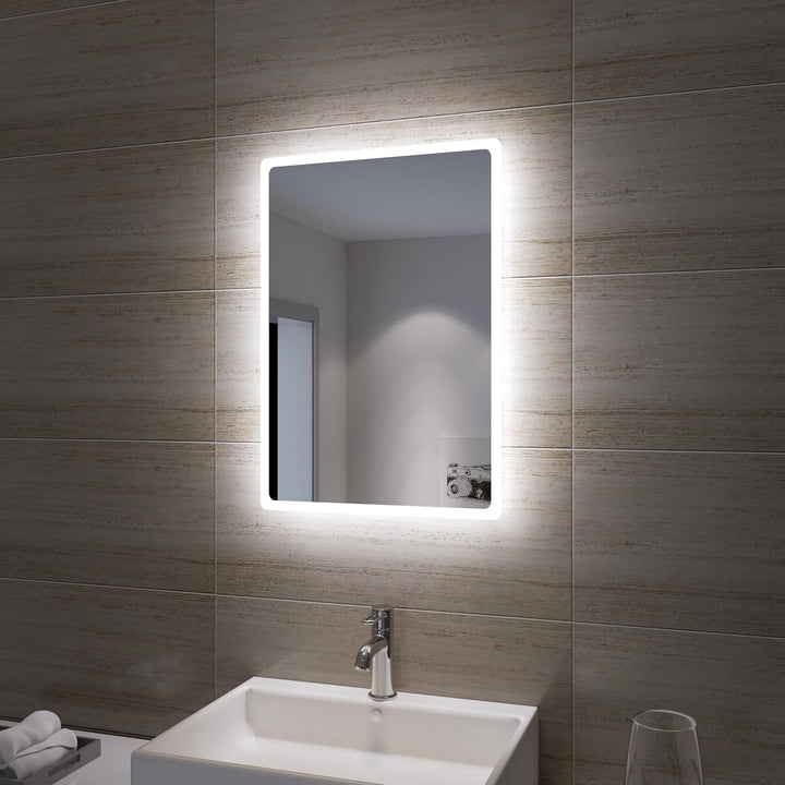 SONNI Badezimmerspiegel mit LED-Licht, 45 x 60 cm, kaltweiss, IP44, energiesparend. 60L x 40B cm Sil