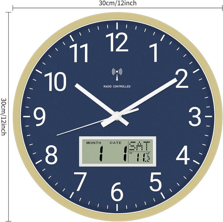 Foxtop Funk-Wanduhr Digital & Analog 30cm mit LCD-Anzeige – Digitale Funkuhr Wanduhr mit Temperatur,