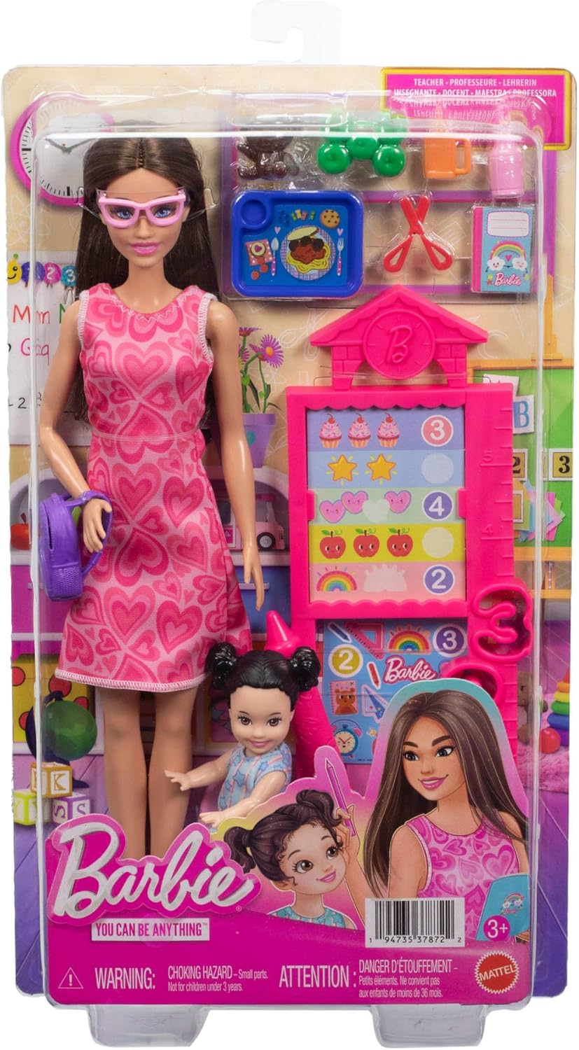 Barbie Karriere Lehrerin-Spielset mit Modepuppe im abnehmbaren Kleid, Kleinkind-Puppe, Tafel und Zub