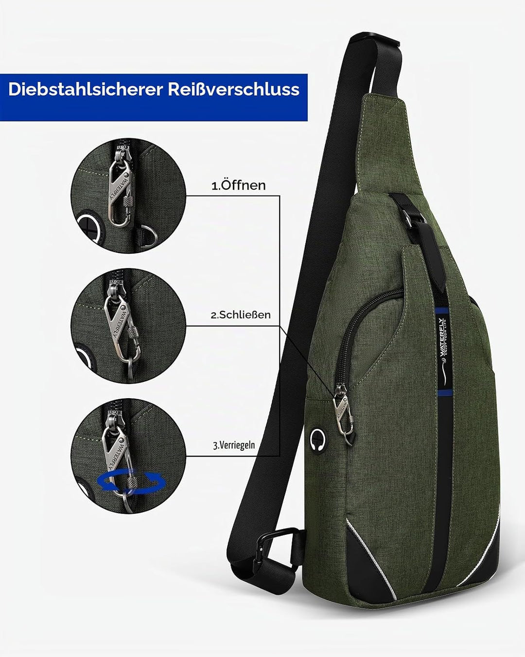 WATERFLY Anti-Diebstahl Sling Bag für Damen und Herren Brusttasche Hippie Crossbody Bag Multipurpose