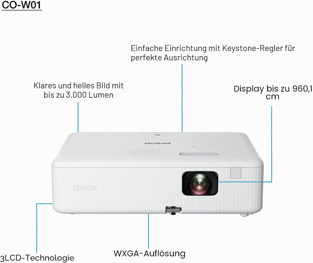 Epson CO-W01 | WXGA-Projektor, 3000 Lumen, Lange Lebensdauer von 12000 Stunden und 3LCD-Technologie,