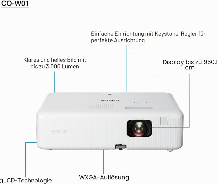 Epson CO-W01 | WXGA-Projektor, 3000 Lumen, Lange Lebensdauer von 12000 Stunden und 3LCD-Technologie,
