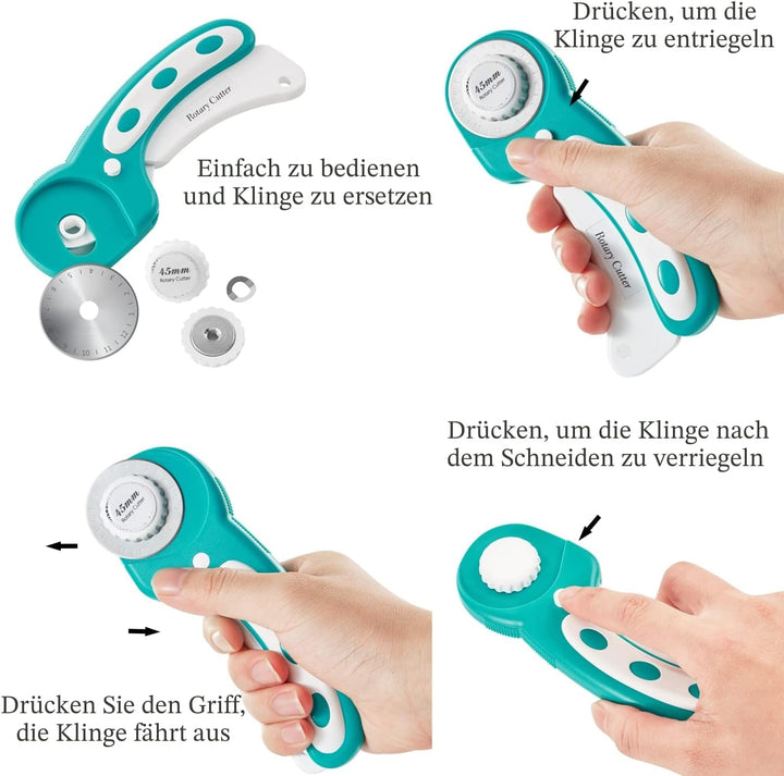 Rollschneider Set - 45mm Rollschneider Stoffschneider Set inkl. A3 Schneidematte, Rollschneider, Ers