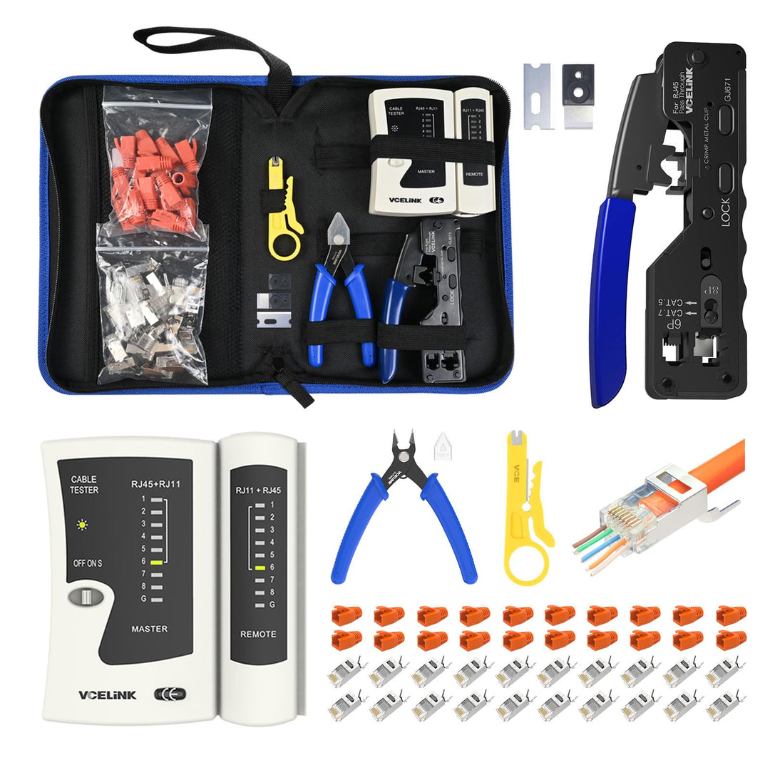 VCELINK Netzwerk Werkzeug Set, Profi Netzwerkinstallation, RJ45/RJ11/RJ12 | RJ45 Crimpzange, 20 x RJ