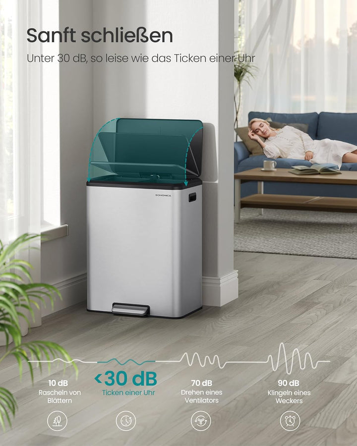 SONGMICS Mülleimer Küche, Mülltrennsystem 2 x 30 L, 2 Fächer für Recycling und Restmüll, Abfalleimer