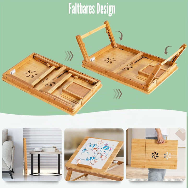 LIFEZEAL Laptoptisch Bambus fürs Bett, Höhenverstellbarer &amp; Klappbarer Betttisch, Tragbarer Betttabl