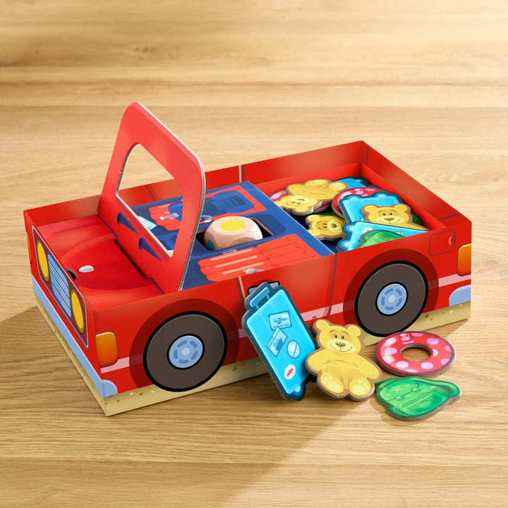 HABA Meine ersten Spiele – Hallo Urlaub! – Würfelspiel für Kinder ab 2 Jahren mit Waschbär & Auto –