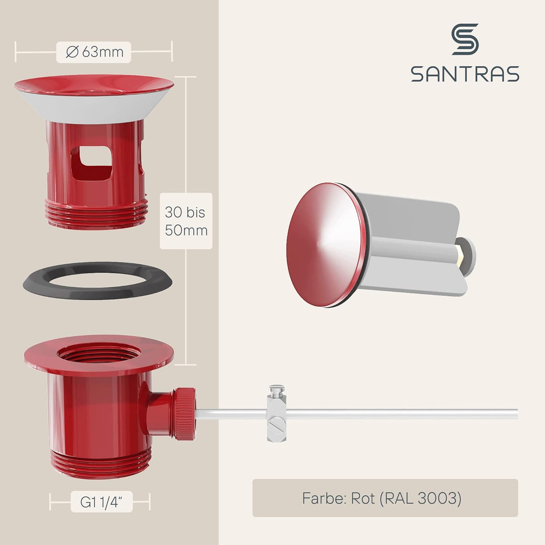 SANTRAS® Exzenter Ablaufgarnitur PREMIUM für Waschtisch mit Schutz vor Überlauf in Rot (RAL 3003) –