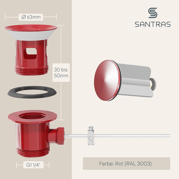 SANTRAS® Exzenter Ablaufgarnitur PREMIUM für Waschtisch mit Schutz vor Überlauf in Rot (RAL 3003) –