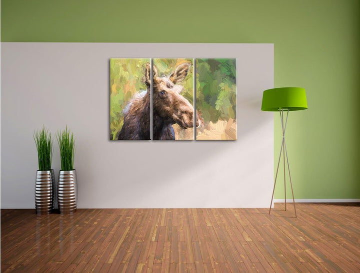 Pixxprint Elch im Wald Kunst als Leinwandbild/Grösse: 3 Teilig (120x80) / Wandbild/Kunstdruck/fertig