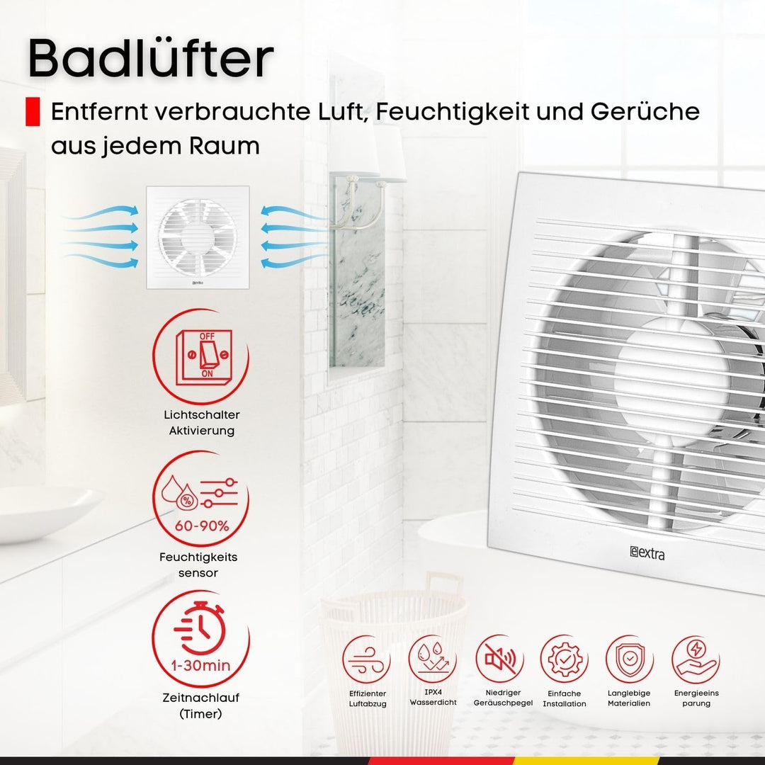 Steinberg14 Badlüfter Ø 150mm mit Feuchtigkeitssensor und Zeitnachlauf (Timer) - Weiss Ventilator Ø