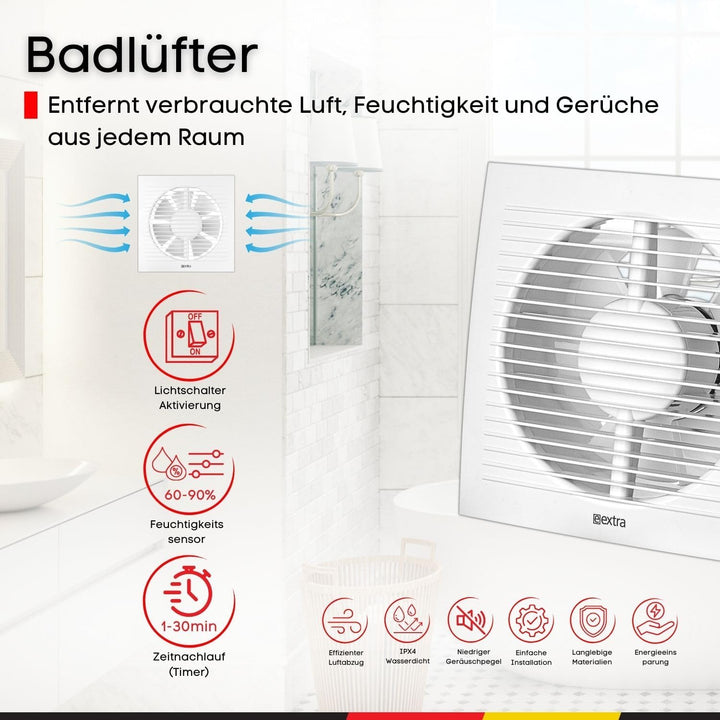 Steinberg14 Badlüfter Ø 150mm mit Feuchtigkeitssensor und Zeitnachlauf (Timer) - Weiss Ventilator Ø