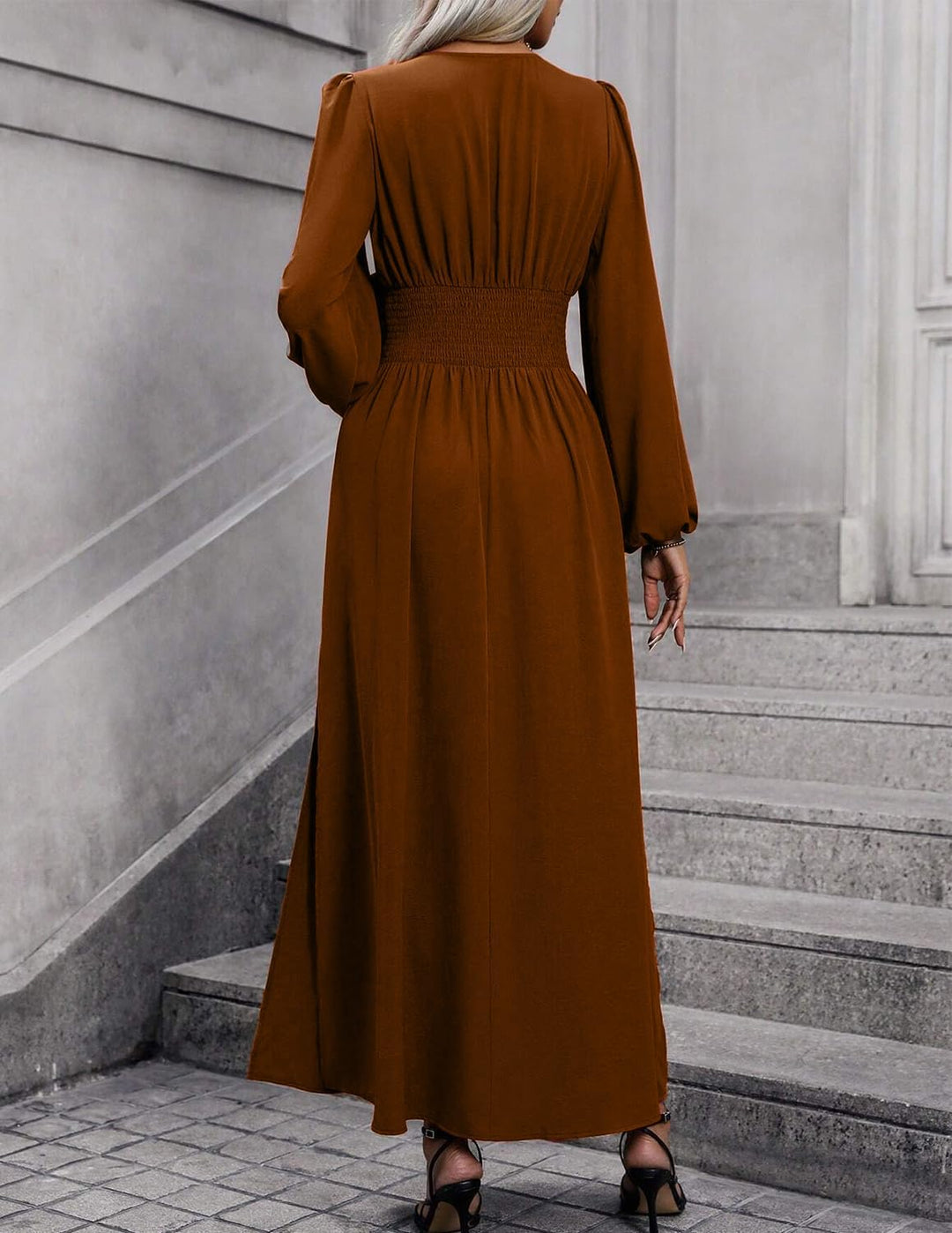 Damen Kleid 2.0 Elegant Langarm V-Ausschnit Tunika Maxikleider Casual Hohe Taille Saumschlitz Cockta