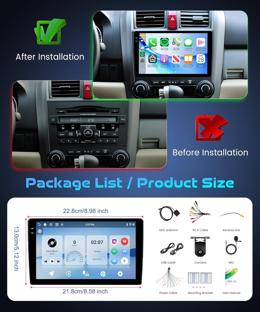 4G+128G Rimoody Autoradio Android 2 Din Carplay, 9 Zoll In-Cell-Touchscreen 2 Din Autoradio mit Wire
