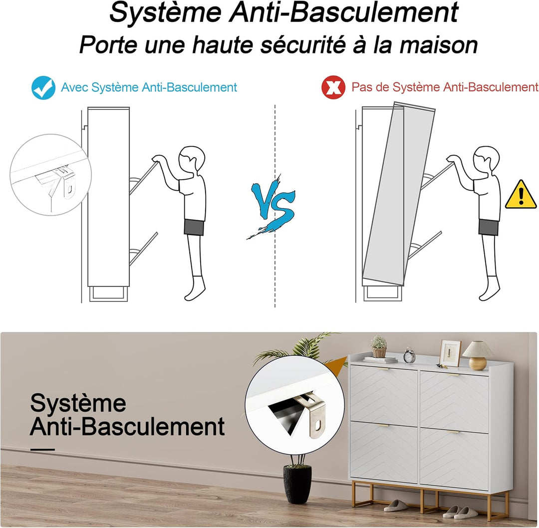 UEV Schuhschrank mit 4 Klappen Schmal,Freistehendes Schuhregal mit Kippschutz, Schuhkommode mit vers