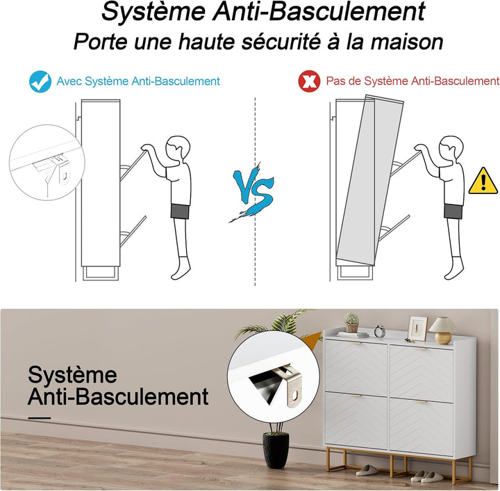 UEV Schuhschrank mit 4 Klappen Schmal,Freistehendes Schuhregal mit Kippschutz, Schuhkommode mit vers