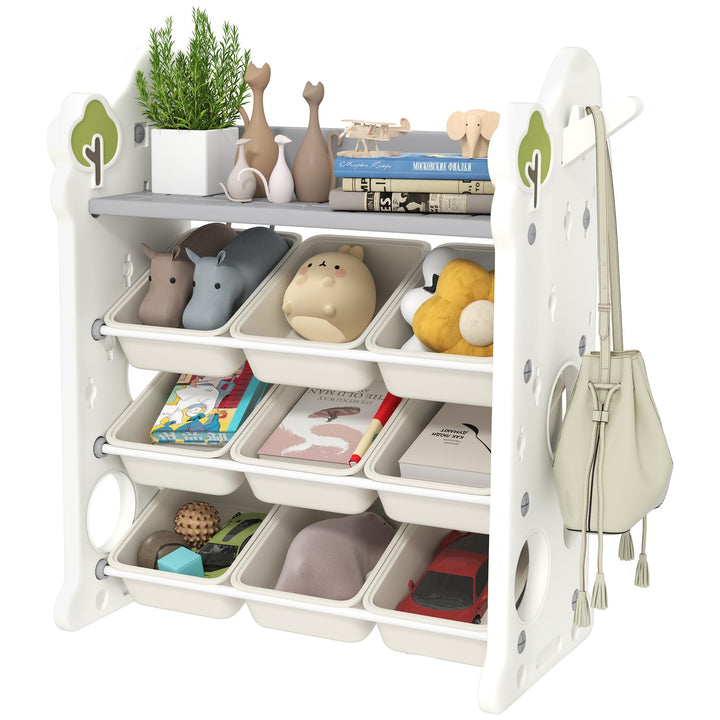 AIYAPLAY Kinderregal 4-Stufiges Spielzeugregal mit 9 Herausnehmbaren Boxen, Ablage, Haken, Kinderzim