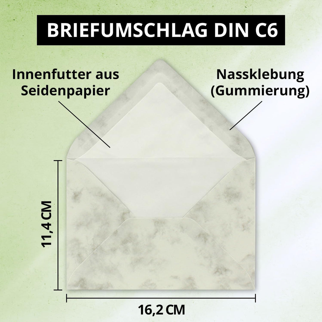 700 Briefumschläge Hellgrau marmoriert - DIN C6 - gefüttert mit weissem Seidenpapier - 90 g/m² - 11,