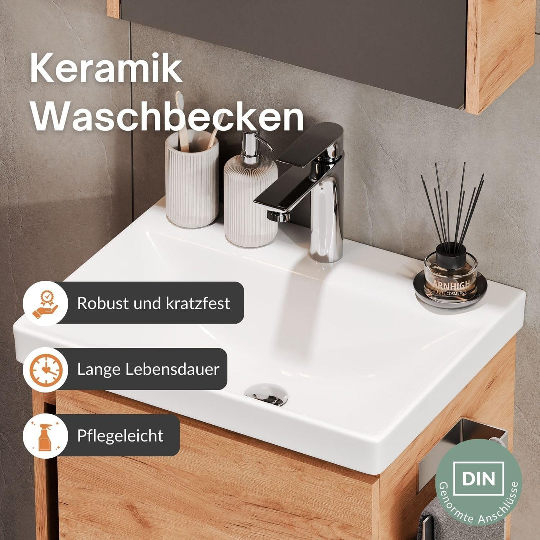 Planetmöbel Waschtischunterschrank 50 cm Gold Eiche mit Armatur Chrom mit Wasserhahn Chrom Gold Eich