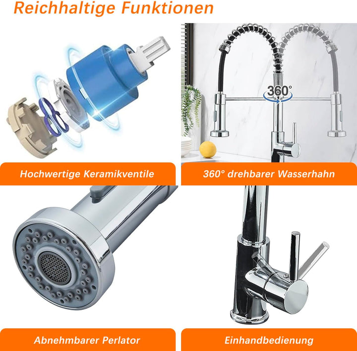 Wasserhahn Küchenarmatur Hoher Bogen Hochdruck mit Herunterziehen Brause Armatur Mischbatterie Spült