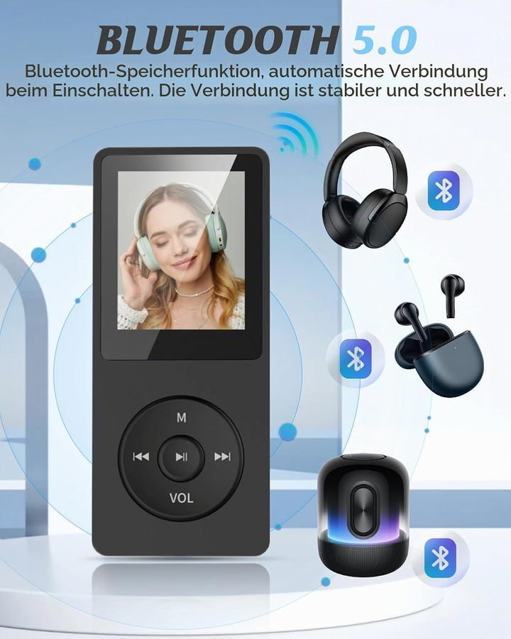 Bluetooth 5.0 MP3 Player verlustfreier Musik-Player, 32GB Speicher, Tragbarer Digitaler MP3 Player,