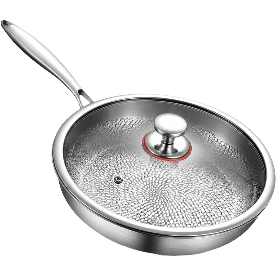Titan Pfanne 28 cm mit Deckel, Unbeschichtete Titan Bratpfanne mit Gehämmertem Design, Kratzfeste Ph