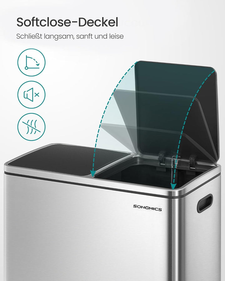 SONGMICS Mülleimer, 2 x 40 Liter, 2 Fächer, Mülltrennsystem, Treteimer, Abfalleimer Küche, 15 Müllsä