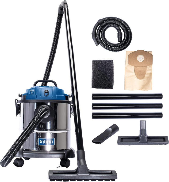 Scheppach Nass- und Trockensauger NTS20 inkl. umfangreichem Zubehörpaket - 1200 W | 20 L Edelstahlbe