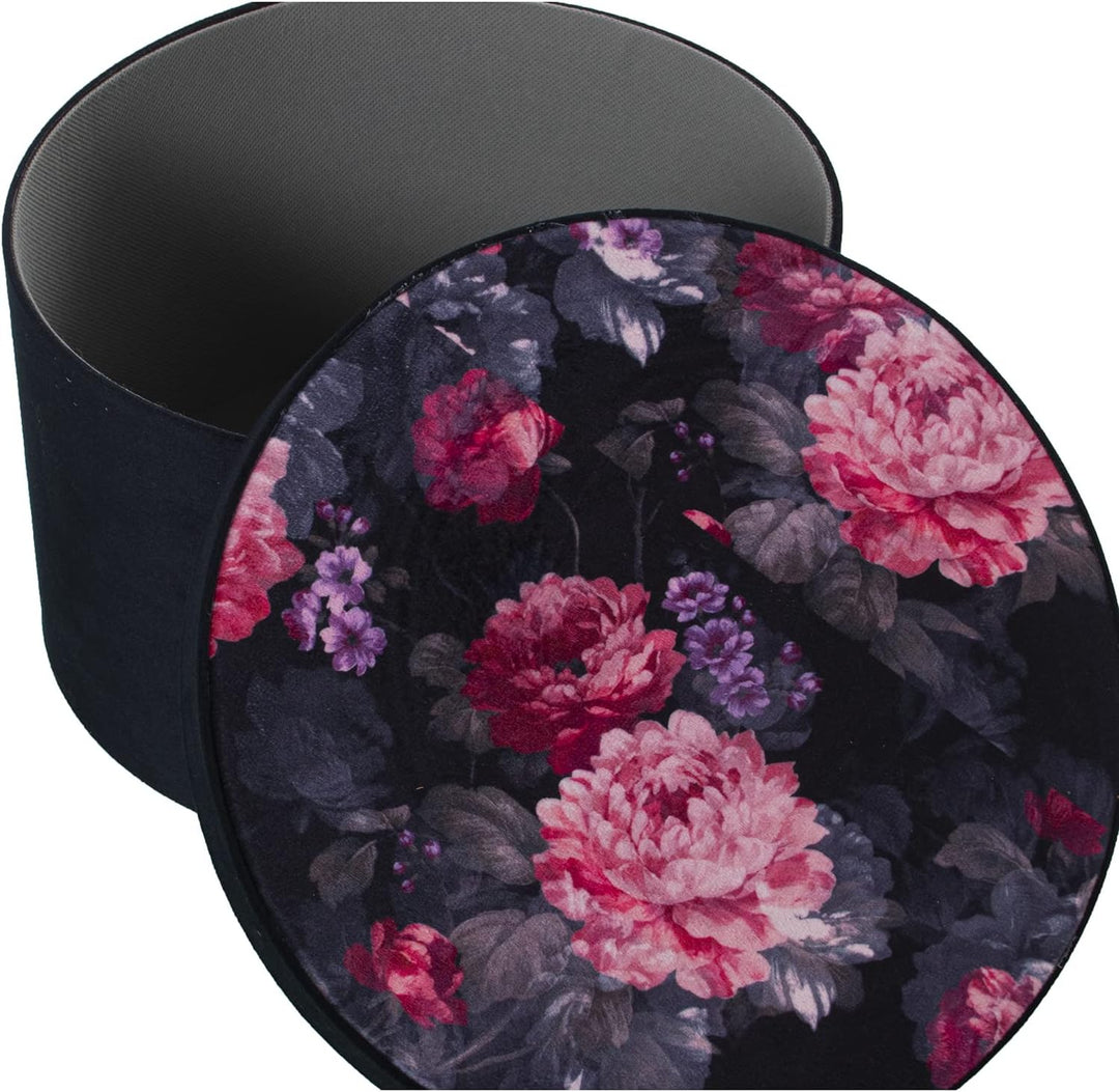 DRW Set mit 3 runden Boxen aus schwarzem Samt, Bedruckt mit Blumen, 30 x 20 cm, 26 x 16 cm und 20 x