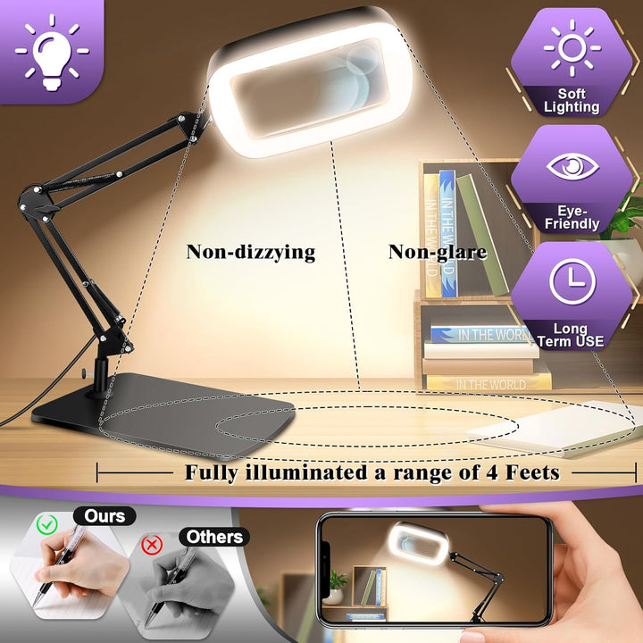 NZQXJXZ 10X 30X Lupe mit Licht und Ständer, 5 Zoll Rechteckige Tischlupe mit Beleuchtung, 72 LEDs, 3