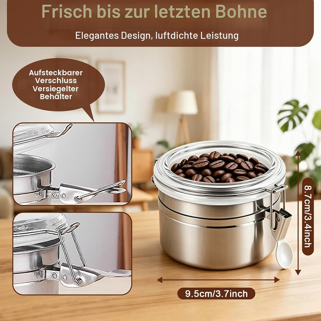 Kaffeedose Luftdicht, Vakuum Kaffeebehälter aus Edelstahl mit Deckel und Verschlussklammer, Aromados