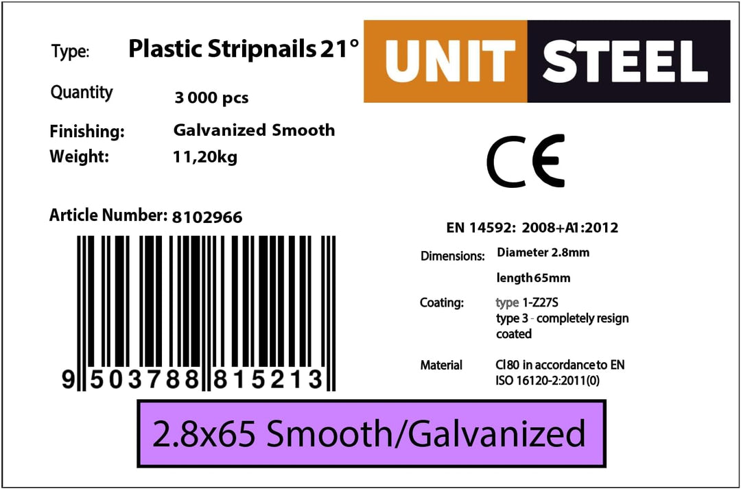 21° Rundkopf Streifennägel - 2,8X65mm, 3.000 stück, Nägel für Druckluft-Nagler, Glatt/verzinkt, für