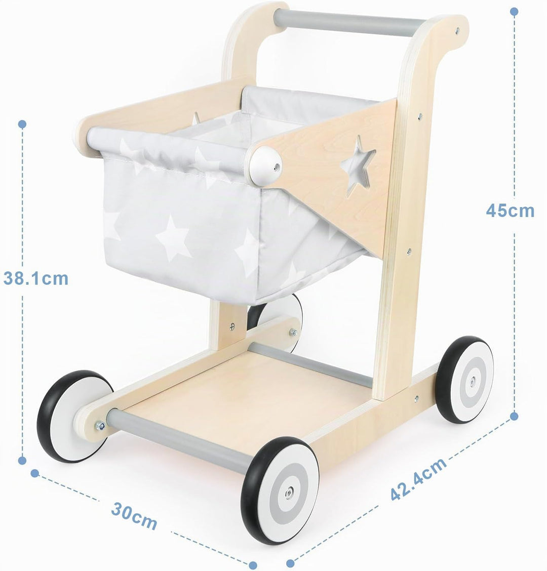Asweets 2-in-1 Lauflernwagen Holz, Puppenwagen zum Schieben und Ziehen, Baby Walker, Kleinkindspielz