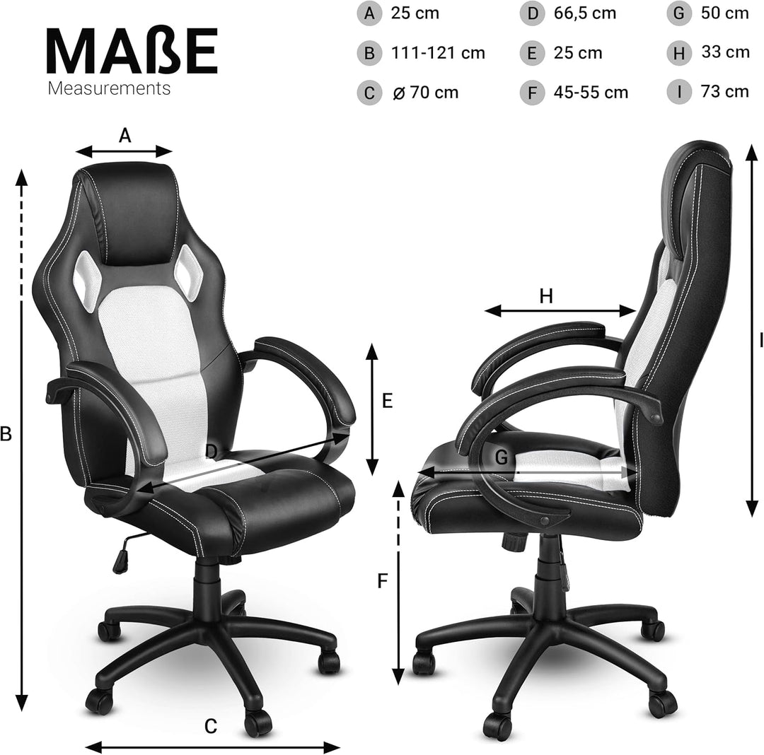 TRESKO Racing Chefsessel Bürostuhl Drehstuhl 14 Farbvarianten, gepolsterte Armlehnen, Wippmechanik,
